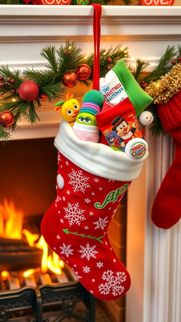 Creative Stocking Stuffer Ideas for Christmas A Christmas stocking overflowing with various small gifts and treats, set against a cozy holiday backdrop.